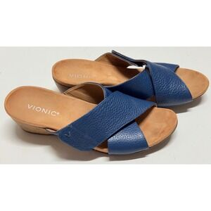 Vionic Leticia Blue Pebbled Leather Wedge Sandals Cross Strap Slides Womens 10